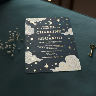 Invitación Con Relieve Metalizado Boda Celestial de Oro y Luna de Estrellas