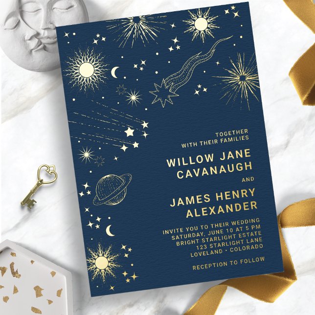Invitación Con Relieve Metalizado Boda Celestial Elegante (Navy Blue and Gold Elegant Celestial Wedding Foil Invitation
)