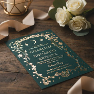 Invitación Con Relieve Metalizado Boda Celestial Ornata Verde Bosque