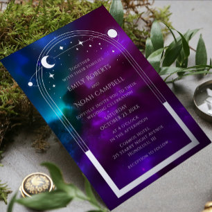 Invitación Con Relieve Metalizado Boda Celestial Púrpura Turquesa Plata Hoja Sol Lun
