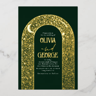 Invitación Con Relieve Metalizado Boda Celestial Romántica Esmeralda Verde & Oro