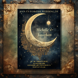 Invitación Con Relieve Metalizado Boda Celestial Vintage Luna, Sol y Estrellas