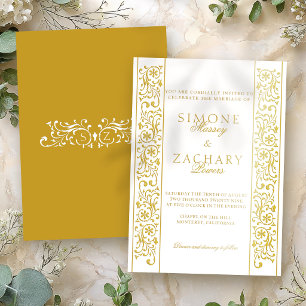 Invitación Con Relieve Metalizado Boda Chic con borde de roleos formales