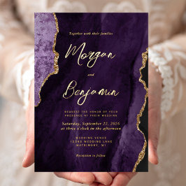 Invitación Con Relieve Metalizado Boda Chic con Letra Moderna de Ágata Púrpura