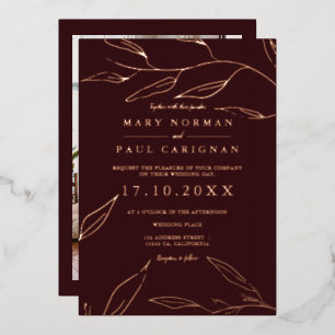 Invitación Con Relieve Metalizado Boda chic moderna con follaje de hoja de oro rosa