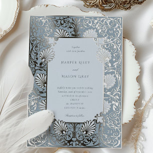 Invitación Con Relieve Metalizado Boda Chic Polvo Azul y Plata con Hojas de Estaño