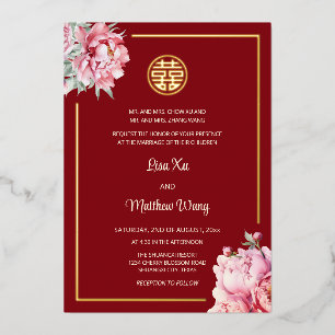 Invitación Con Relieve Metalizado Boda china de acuarela roja dorada peonía