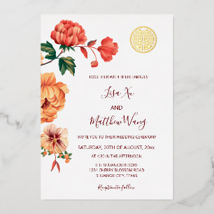Invitación Con Relieve Metalizado Boda China de Flor de Peonía Dorada