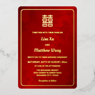 Invitación Con Relieve Metalizado Boda China de Oro Rojo Floral