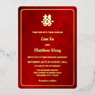Invitación Con Relieve Metalizado Boda China de Oro Rojo Floral