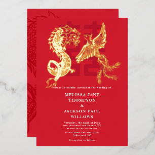 Invitación Con Relieve Metalizado Boda china del dragón dorado y el fénix
