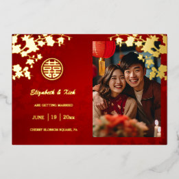 Invitación Con Relieve Metalizado Boda China Doble Felicidad Flor de Cerezo