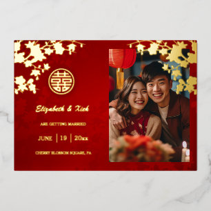 Invitación Con Relieve Metalizado Boda China Doble Felicidad Flor de Cerezo 