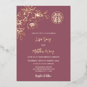 Invitación Con Relieve Metalizado Boda China Flor de Cerezo en Oro Rosa