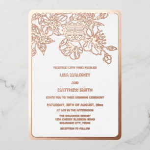 Invitación Con Relieve Metalizado Boda China Flor de Cerezo en Rosa Dorado