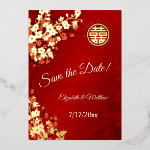 Invitación Con Relieve Metalizado Boda China Flor de Cerezo Guardar la Fecha