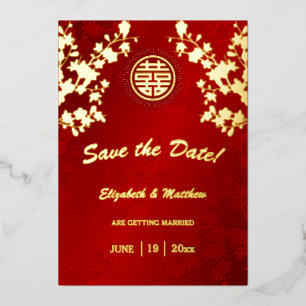 Invitación Con Relieve Metalizado Boda China Flor de Cerezo Guardar la Fecha