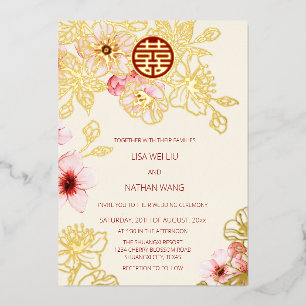 Invitación Con Relieve Metalizado Boda China Flor de Cerezo Rosa Oro Rojo