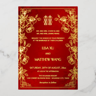 Invitación Con Relieve Metalizado BODA CHINA Marco Dorado Rojo