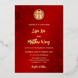 Invitación Con Relieve Metalizado Boda China Roja Simple Moderna