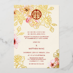 Invitación Con Relieve Metalizado Boda China Rosa Flor de Cerezo Oro Rojo