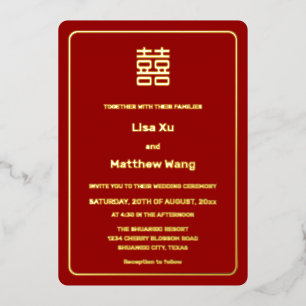 Invitación Con Relieve Metalizado Boda China Simple Rojo Dorado