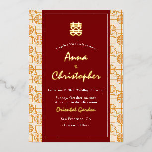 Invitación Con Relieve Metalizado Boda chino auspicioso peranakán bilingüe