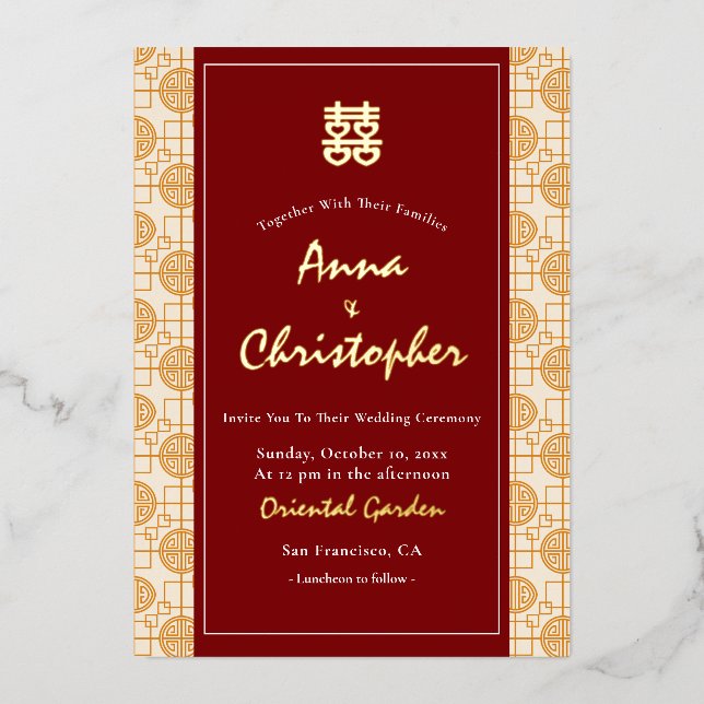 Invitación Con Relieve Metalizado Boda chino auspicioso peranakán bilingüe (Anverso)