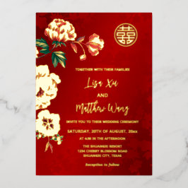 Invitación Con Relieve Metalizado BODA chino de oro de flores de peón BILINGUAL