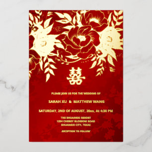 Invitación Con Relieve Metalizado BODA chino de Rosas de oro BILINGUAL