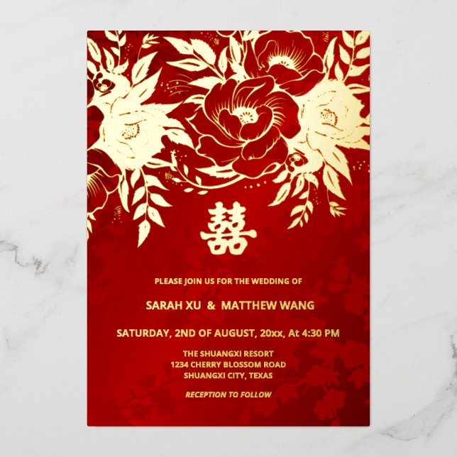 Invitación Con Relieve Metalizado BODA chino de Rosas de oro BILINGUAL (Anverso)