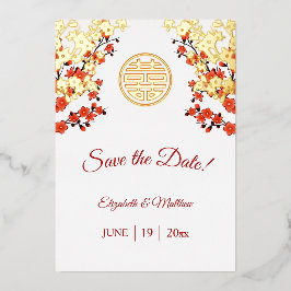 Invitación Con Relieve Metalizado Boda chino doble felicidad cerezo en flor