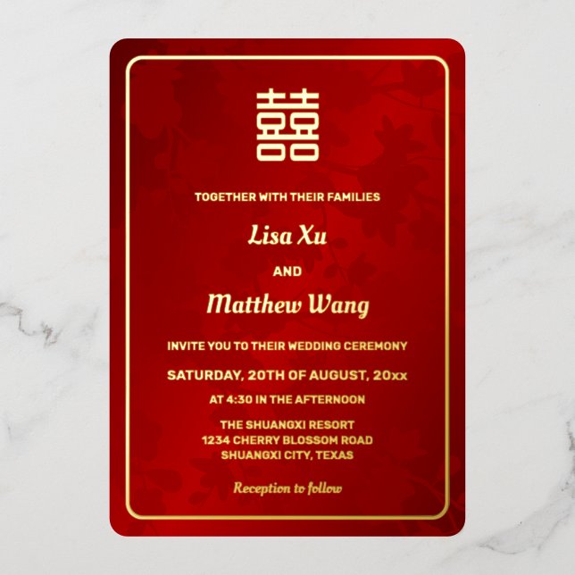 Invitación Con Relieve Metalizado Boda chino floral de oro rojo (Anverso)