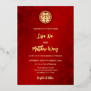 Invitación Con Relieve Metalizado Boda chino rojo moderno simple