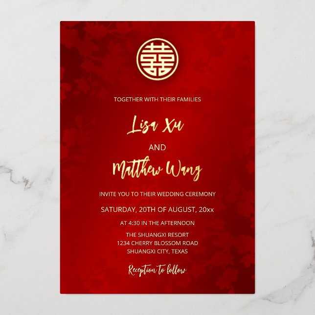 Invitación Con Relieve Metalizado Boda chino rojo moderno simple (Anverso)