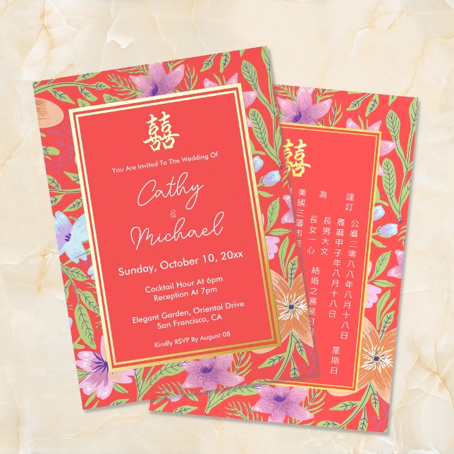 Invitación Con Relieve Metalizado Boda chino rojo peranakan floral doble xi (Subido por el creador)