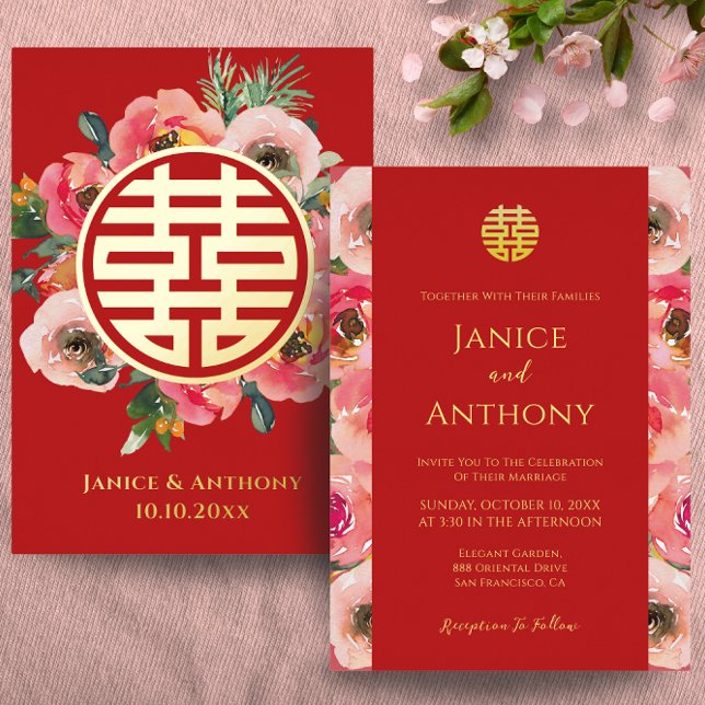 Invitación Con Relieve Metalizado Boda chino xxi con flores modernas (Subido por el creador)