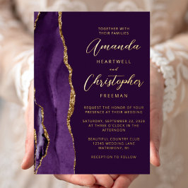 Invitación Con Relieve Metalizado Boda Ciruela Escritura Oro Púrpura Ágata