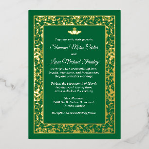 Invitación Con Relieve Metalizado Boda Claddagh con filigrana floral de pan de oro