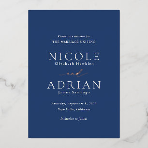 Invitación Con Relieve Metalizado Boda clásica azul elegante de la marina salva la f