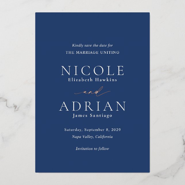 Invitación Con Relieve Metalizado Boda clásica azul elegante de la marina salva la f (Anverso)