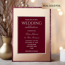 Invitación Con Relieve Metalizado Boda Clásica Burgundy Rosa Dorado