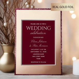 Invitación Con Relieve Metalizado Boda Clásica Burgundy Rosa Dorado