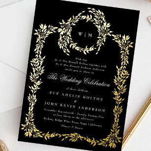 Invitación Con Relieve Metalizado Boda Clásica con Cresta Monograma Dorada Negra
