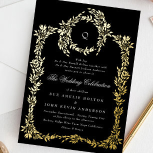 Invitación Con Relieve Metalizado Boda Clásica con Cresta Monograma Dorado Negro