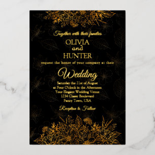 Invitación Con Relieve Metalizado Boda Clásica con Guión de Oro Negro Art Deco 