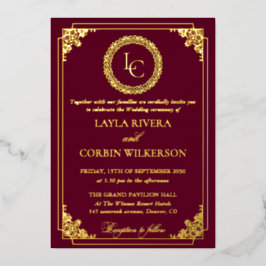 Invitación Con Relieve Metalizado Boda Clásica con Marco de Oro y Monograma Real