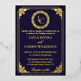 Invitación Con Relieve Metalizado Boda Clásica con Marco de Oro y Monograma Real