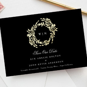 Invitación Con Relieve Metalizado Boda Clásica con Monograma Tradicional Cresta Negr