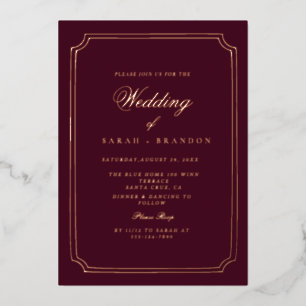 Invitación Con Relieve Metalizado Boda Clásica de Lujo con Marco Dorado de Borgoña
